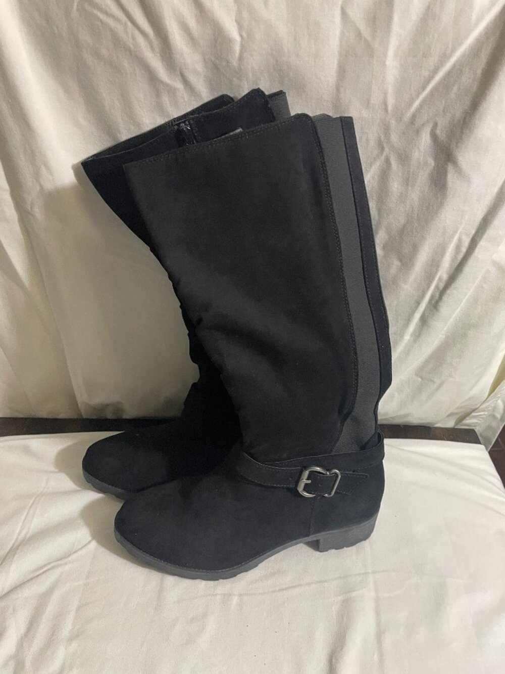 UNIONBAY Women's Black Tall Riding Boots Side Zip Buckle Stretch Panel Size 8M